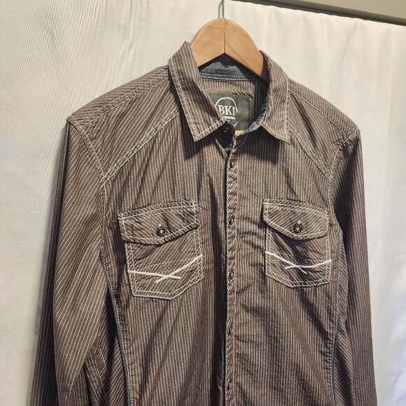 BKE Button-Up Shirt Men's M Athletic Fit Western Gray/White Striped Long‎ Sleeve - Picture 2 of 11
